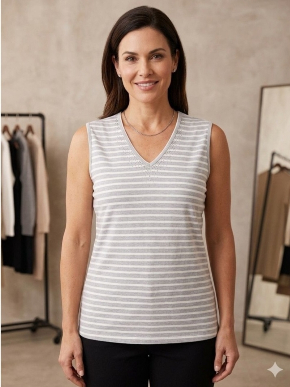 Christine Alexander Gray and White Striped V-Neck Tank. Size M